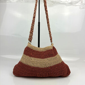 Handmade Crochet Tote Bag Women's Tan Dark Brown Striped Crossbody Bag Shoulder